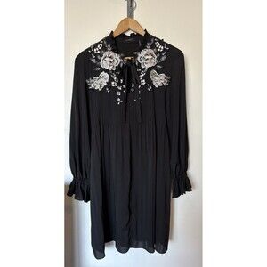 Le Gali Black Floral Embroidered Long Sleeve Whimsigoth Mini Dress Size Large